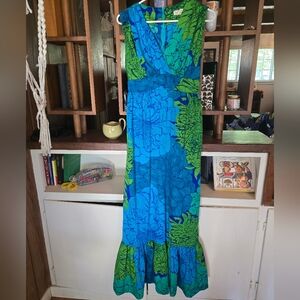 Made In Hawaii Vintage Floral Blue and Green Ruffle Hem Maxi Sun Dress Size 10🌴